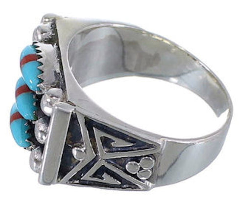 Well Built Needlepoint Turquoise Coral Silver Ring Size 7-1/4 VX37227